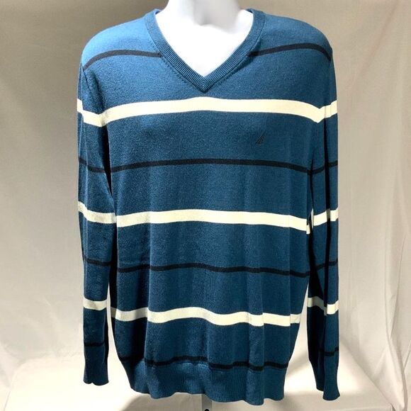 Y2K Vintage 90's Nautica Men's Striped V-Neck Lightweight Sweater Size Large - Picture 1 of 7